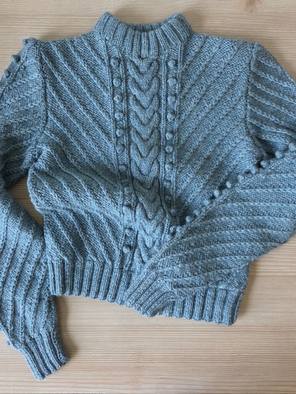 Hand Knit Blue Chunky Wool Sweater Cable Bobble Crop Mock Neck Womens Small - Picture 3 of 6